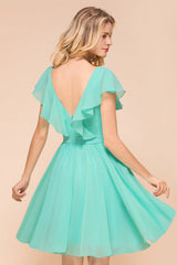 Chic V-Neck Ruffle Chiffon Short Affordable Bridesmaid Dresses Online-Babyonlines
