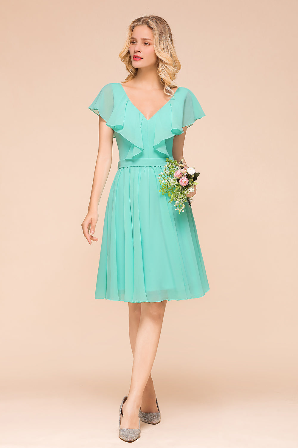 Chic V-Neck Ruffle Chiffon Short Affordable Bridesmaid Dresses Online-Babyonlines