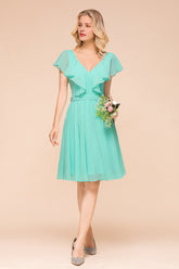 Chic V-Neck Ruffle Chiffon Short Affordable Bridesmaid Dresses Online-Babyonlines