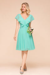 Chic V-Neck Ruffle Chiffon Short Affordable Bridesmaid Dresses Online-Babyonlines
