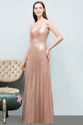Chic V-Neck Spaghetti-Straps Sequined Long Bridesmaid Dresses Affordable-Babyonlines