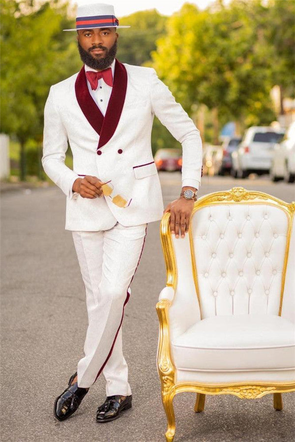Chic White Jacquard Double-Breasted Wedding Suit with Burgundy Lapel