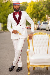 Chic White Jacquard Double-Breasted Wedding Suit with Burgundy Lapel