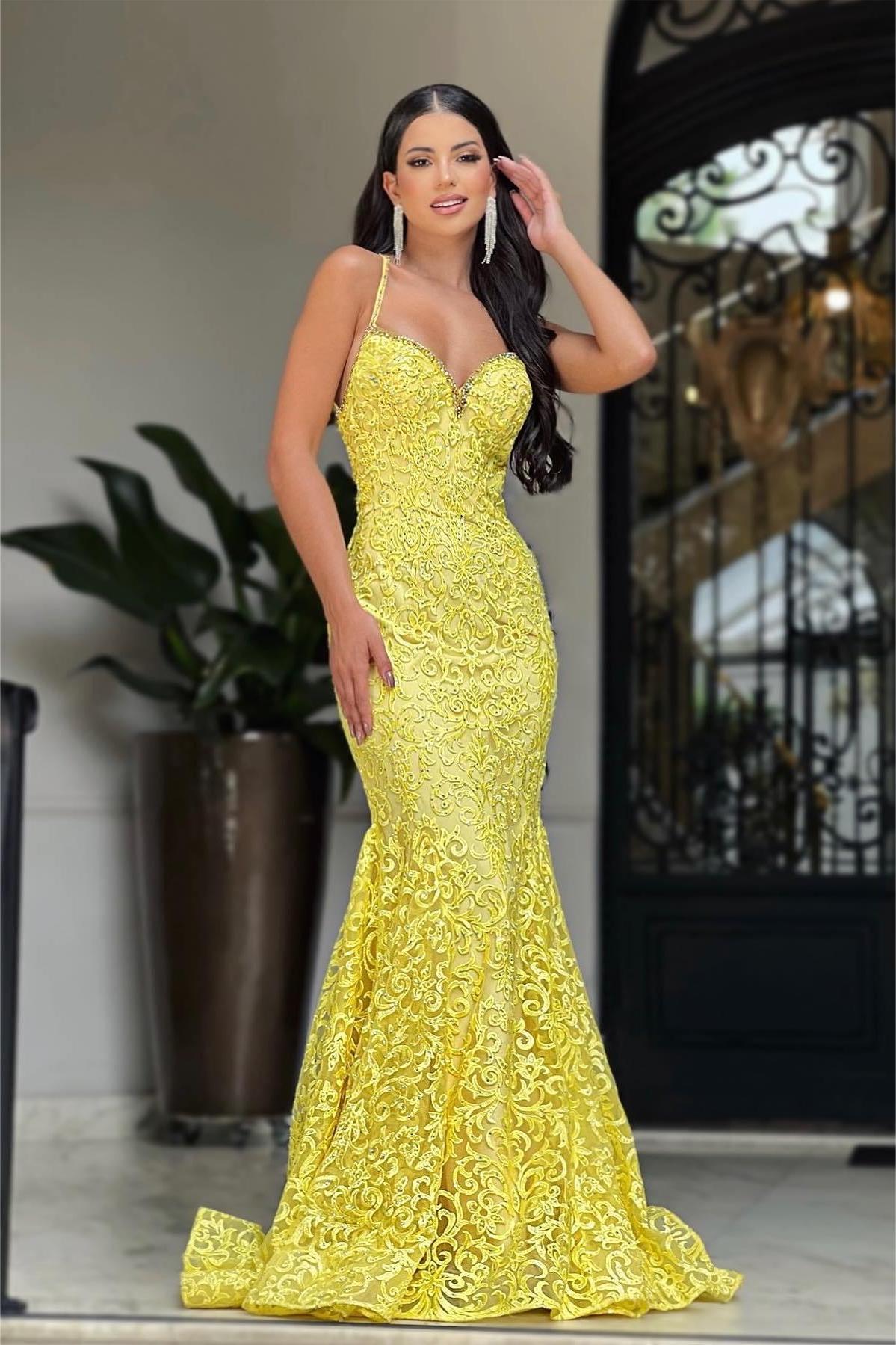 Chic Yellow Sweetheart Spaghetti Strap Mermaid Long Prom Dress