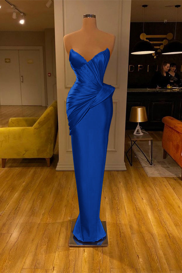 Chic Strapless Deep V-Neck Mermaid Long Prom Dress with Pleated Details