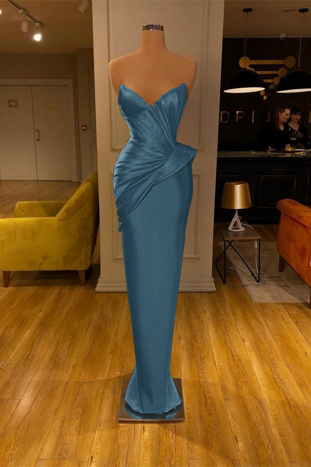 Chic Strapless Deep V-Neck Mermaid Long Prom Dress with Pleated Details