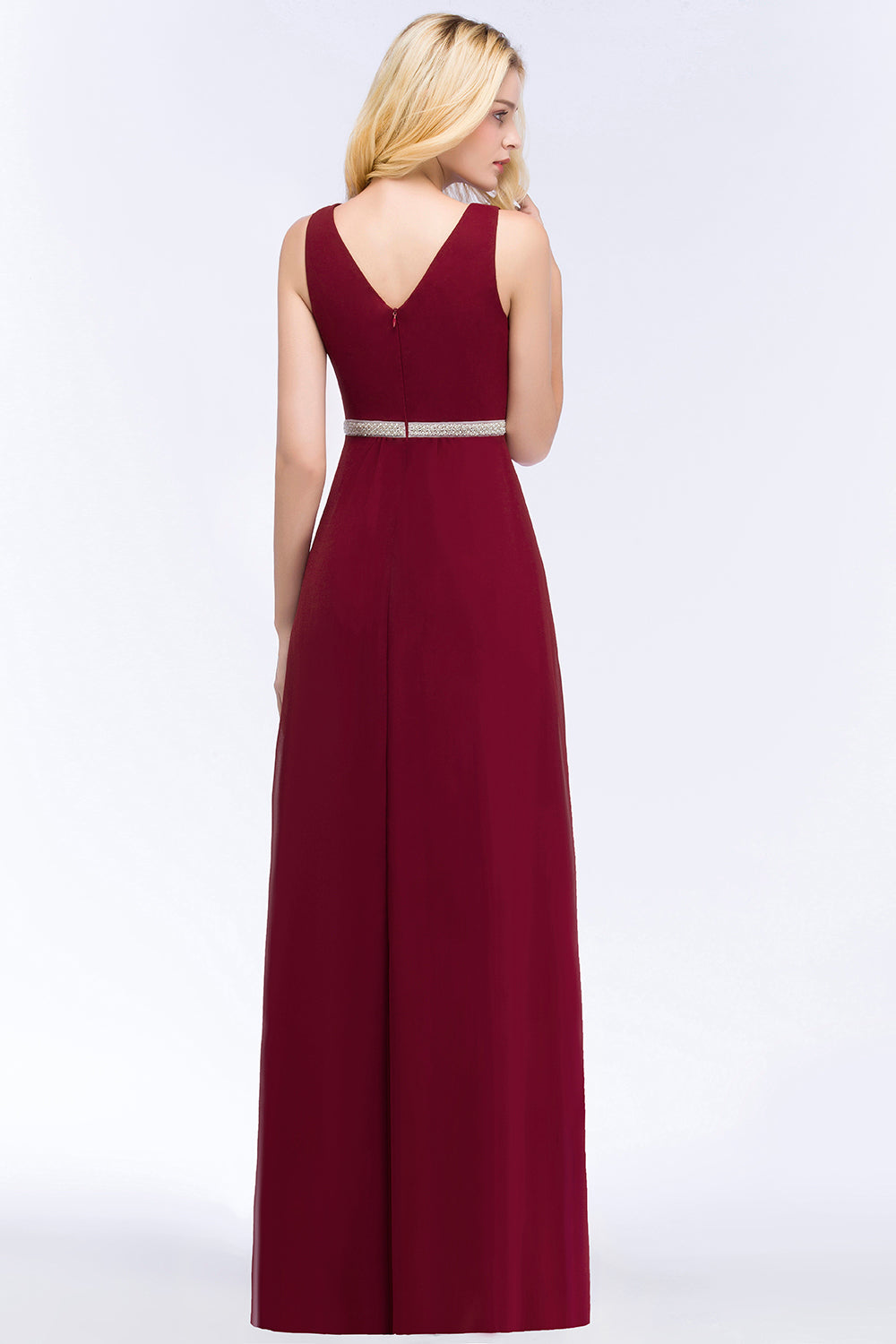 Chiffon Burgundy Long Affordable Bridesmaid Dress With Beading Sash-Babyonlines