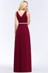 Chiffon Burgundy Long Affordable Bridesmaid Dress With Beading Sash-Babyonlines
