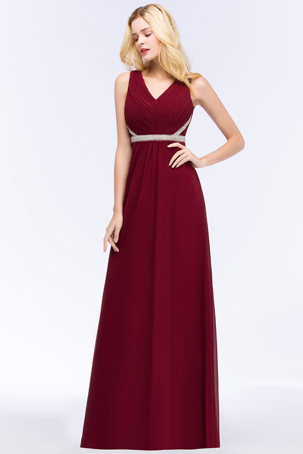 Chiffon Burgundy Long Affordable Bridesmaid Dress With Beading Sash-Babyonlines