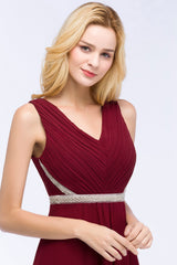 Chiffon Burgundy Long Affordable Bridesmaid Dress With Beading Sash-Babyonlines