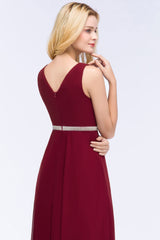 Chiffon Burgundy Long Affordable Bridesmaid Dress With Beading Sash-Babyonlines