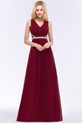 Chiffon Burgundy Long Affordable Bridesmaid Dress With Beading Sash-Babyonlines