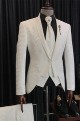 Christian White Jacquard Three-Piece Wedding Suit with Unique Lapel