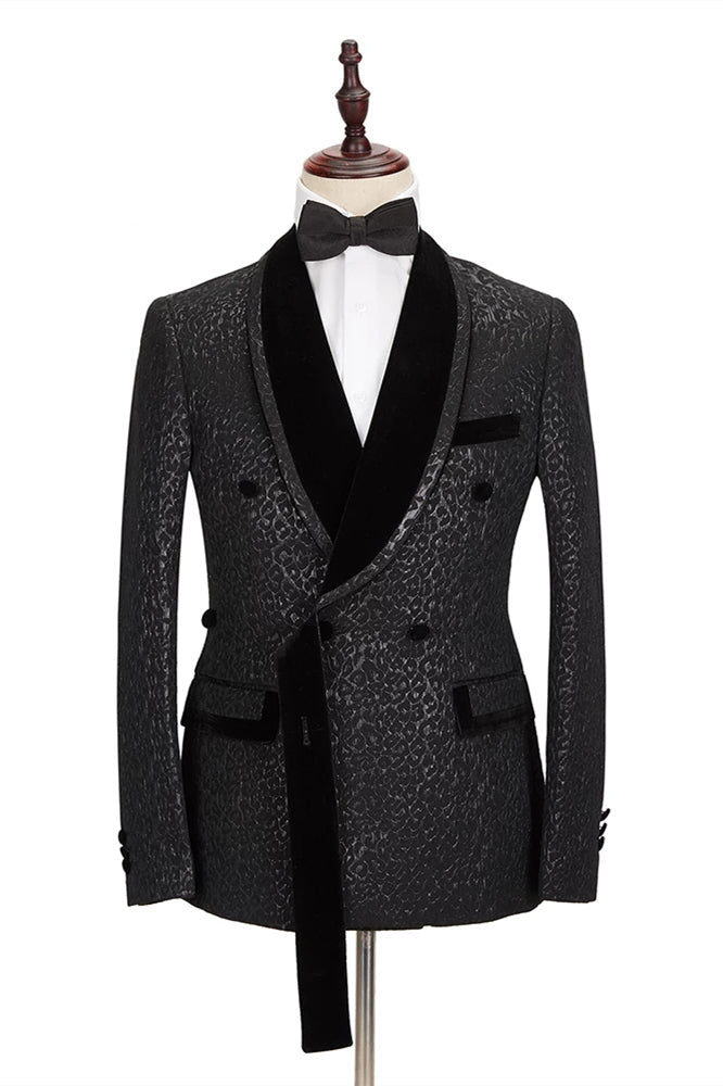 Classic Black Jacquard Velvet Lapel Blazer with Double-Breasted Design for Groom