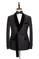 Classic Black Jacquard Velvet Lapel Blazer with Double-Breasted Design for Groom