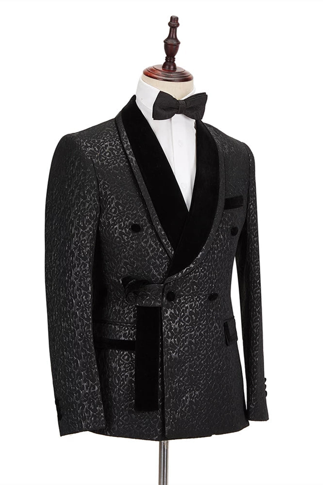 Classic Black Jacquard Velvet Lapel Blazer with Double-Breasted Design for Groom