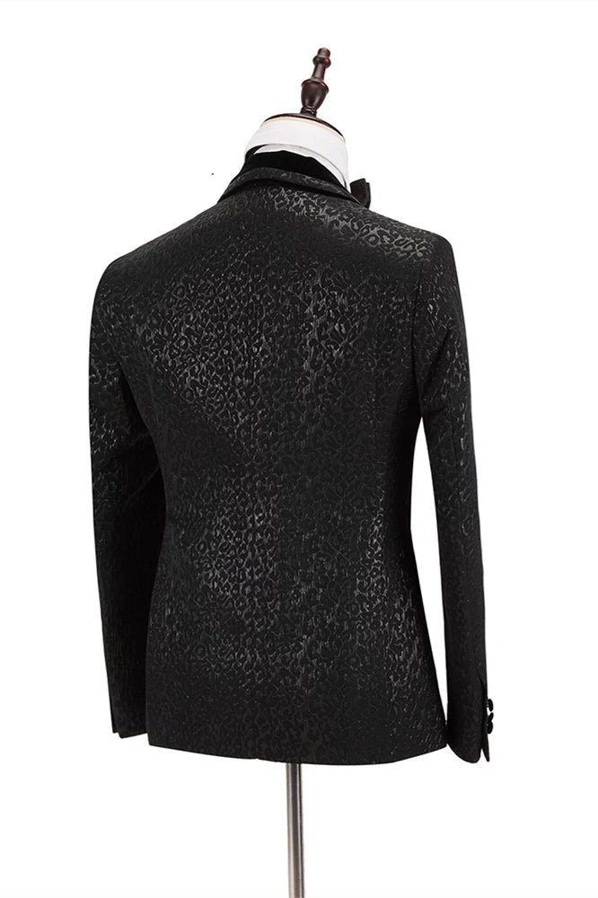 Classic Black Jacquard Velvet Lapel Blazer with Double-Breasted Design for Groom