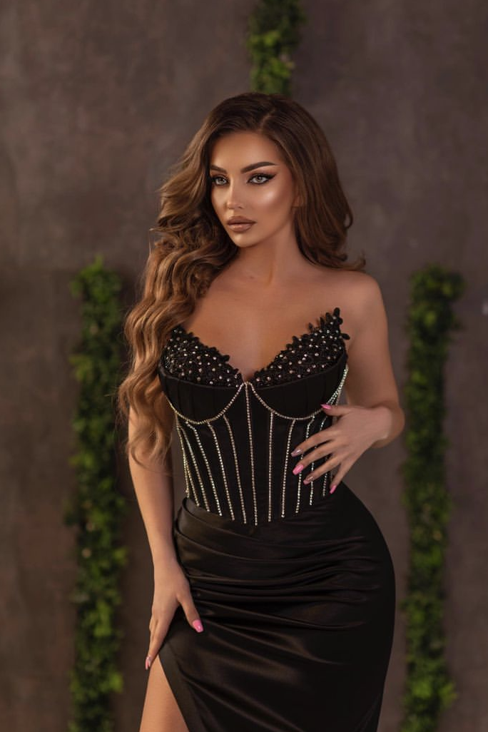 Classic Black Off the Shoulder V Neck Prom Dress with Beading and Split