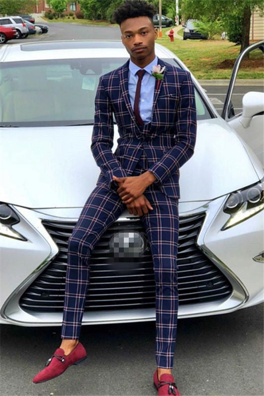 Classic Dark Navy Wedding Suit with Plaid for Men