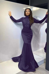 Classic Red Long Sleeve Mermaid Long Prom Dress with Pleated