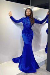 Classic Red Long Sleeve Mermaid Long Prom Dress with Pleated