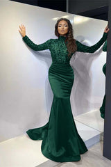 Classic Red Long Sleeve Mermaid Long Prom Dress with Pleated
