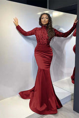 Classic Red Long Sleeve Mermaid Long Prom Dress with Pleated