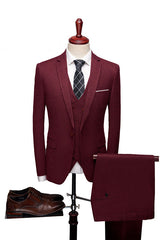 Classic Red Notch Collar Suit - Elegant 3 Piece for Men's Wedding