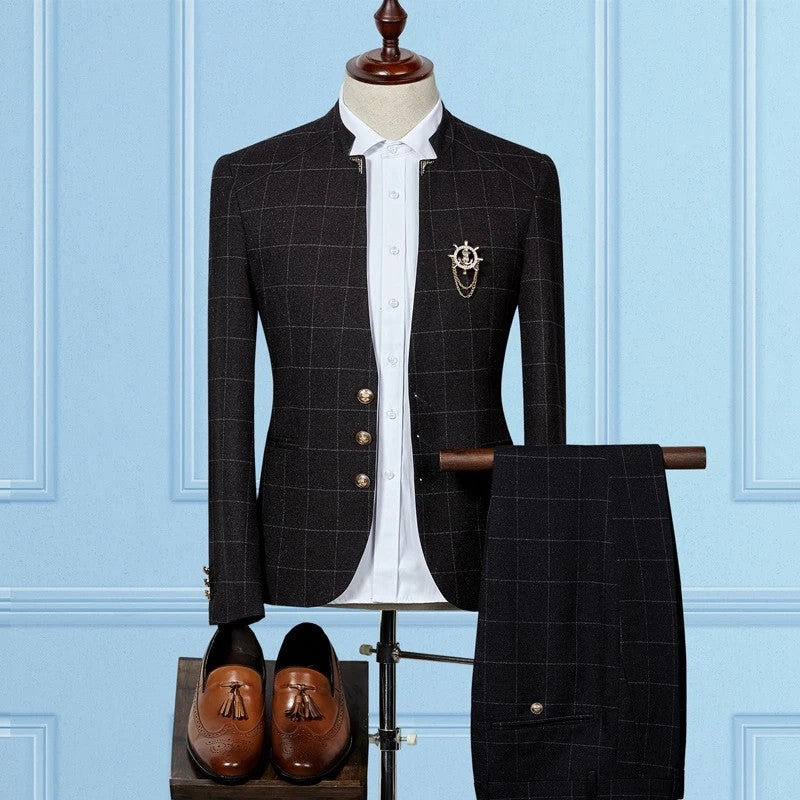 Classic Two-Piece Wedding Suit for Groom and Groomsmen with Black Plaid