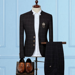 Classic Two-Piece Wedding Suit for Groom and Groomsmen with Black Plaid