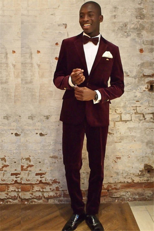 Classic Wine Red Party Bespoke Prom Suit for Guys, Velvet with Notched Lapel