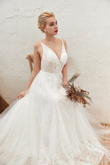 Classy A-Line Deep V-Neck Floor-Length Open Back Wedding Dress with Lace and Tulle