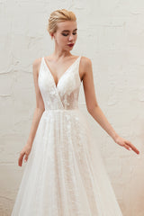 Classy A-Line Deep V-Neck Floor-Length Open Back Wedding Dress with Lace and Tulle