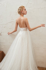 Classy A-Line Deep V-Neck Floor-Length Open Back Wedding Dress with Lace and Tulle