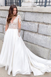 Classy A-Line Satin Deep V-neck Wedding Dress Floor-length With Appliques Lace Open Back