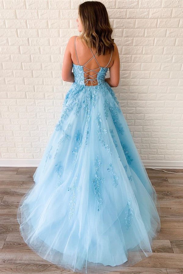 Classy Sky Blue Spaghetti Strap Long Prom Dress with Tulle and Appliques