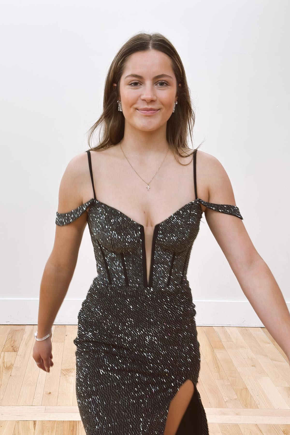 Cold Shoulder Black Beaded Slit Mermaid Prom Dress