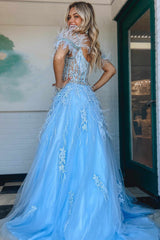 Cold Shoulder Light Blue Lace Corset Long Prom Dress with Feathers