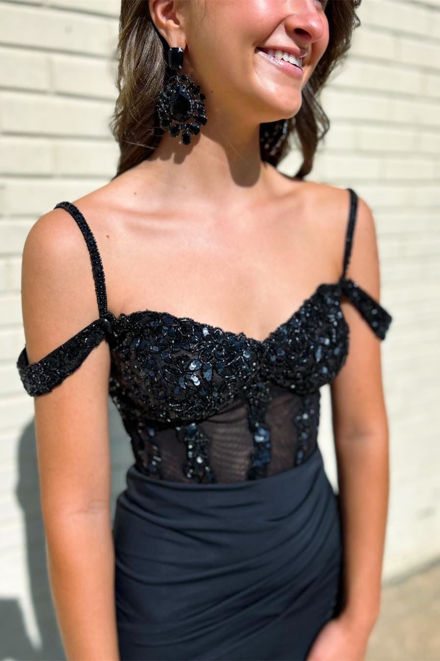 Cold Sleeves Sequin Top Mermaid Long Prom Dress