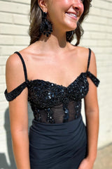 Cold Sleeves Sequin Top Mermaid Long Prom Dress