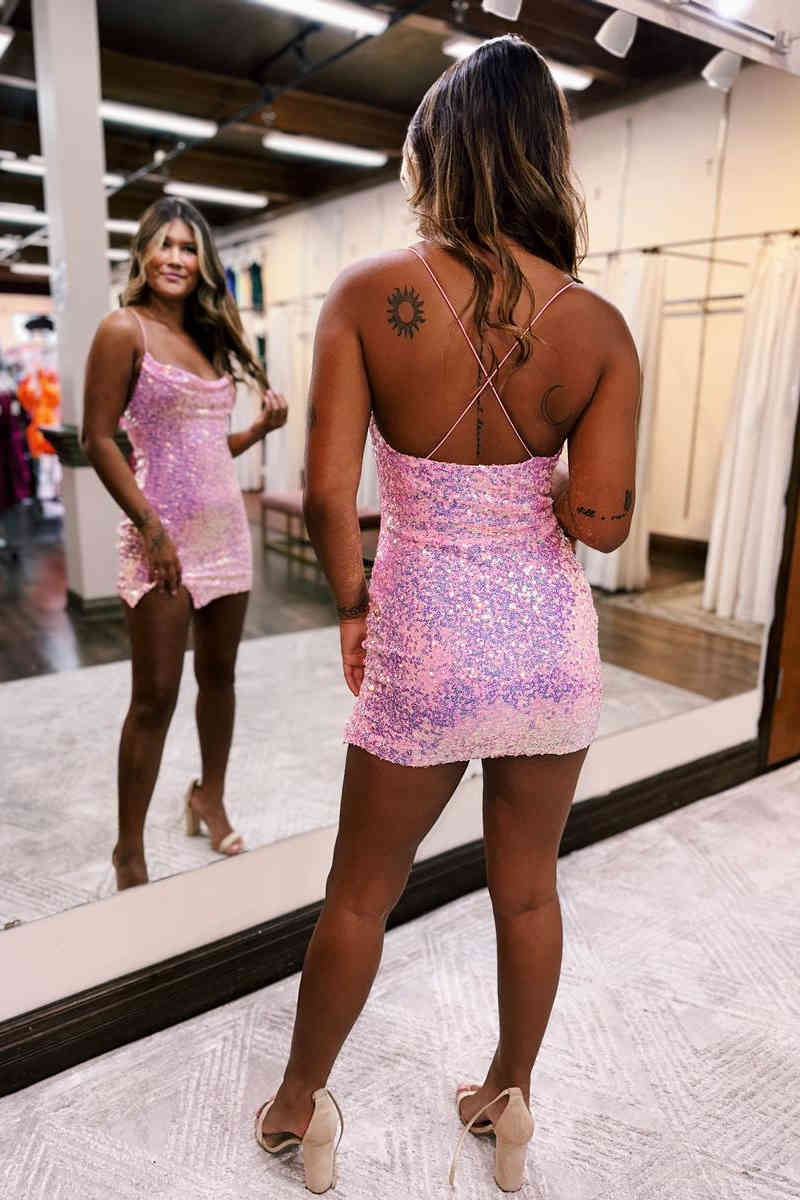 Cowl Neck Pink Sequin Mini Dress with slit