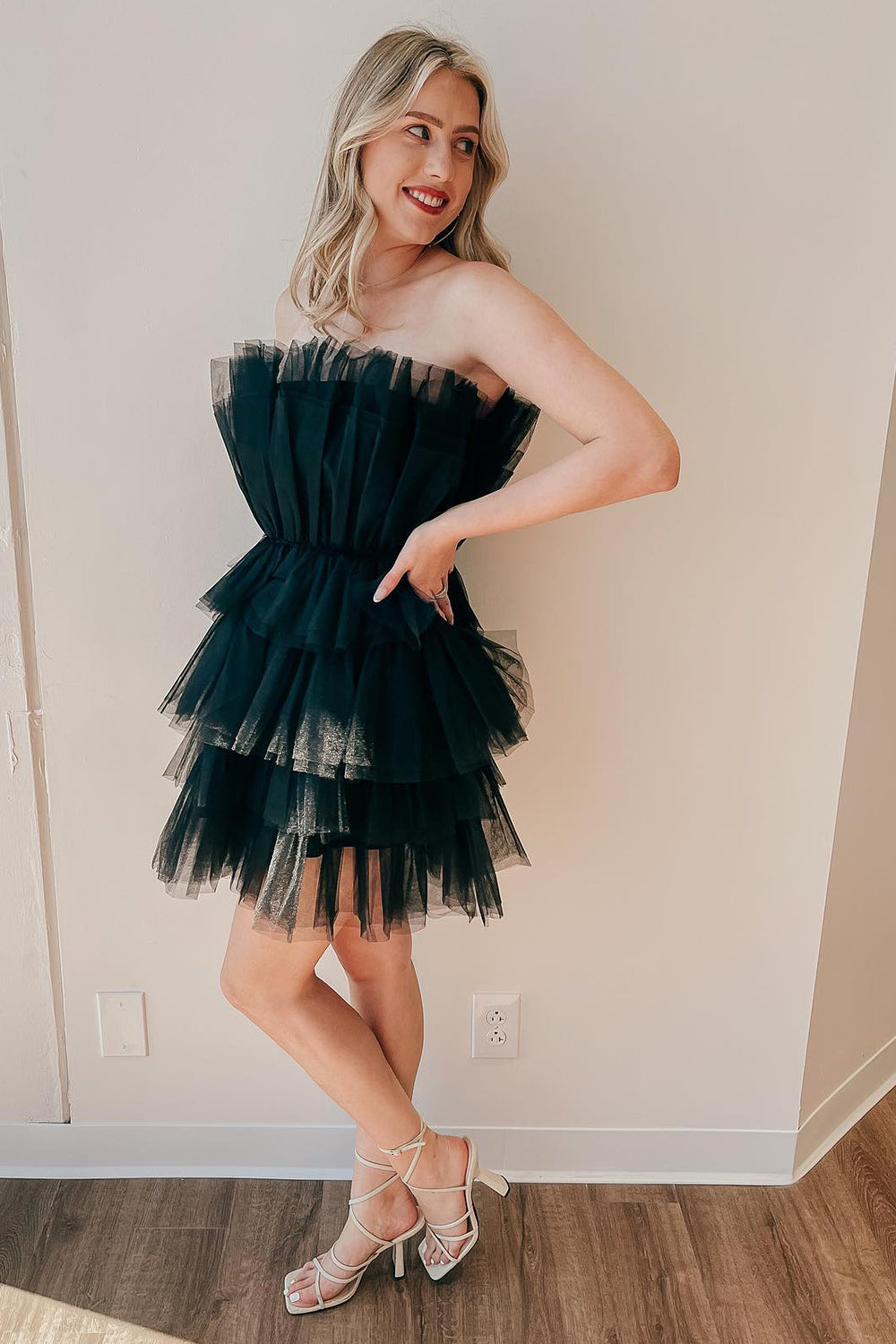 Cute Hot Pink Strapless Tiered Tulle Party Dress