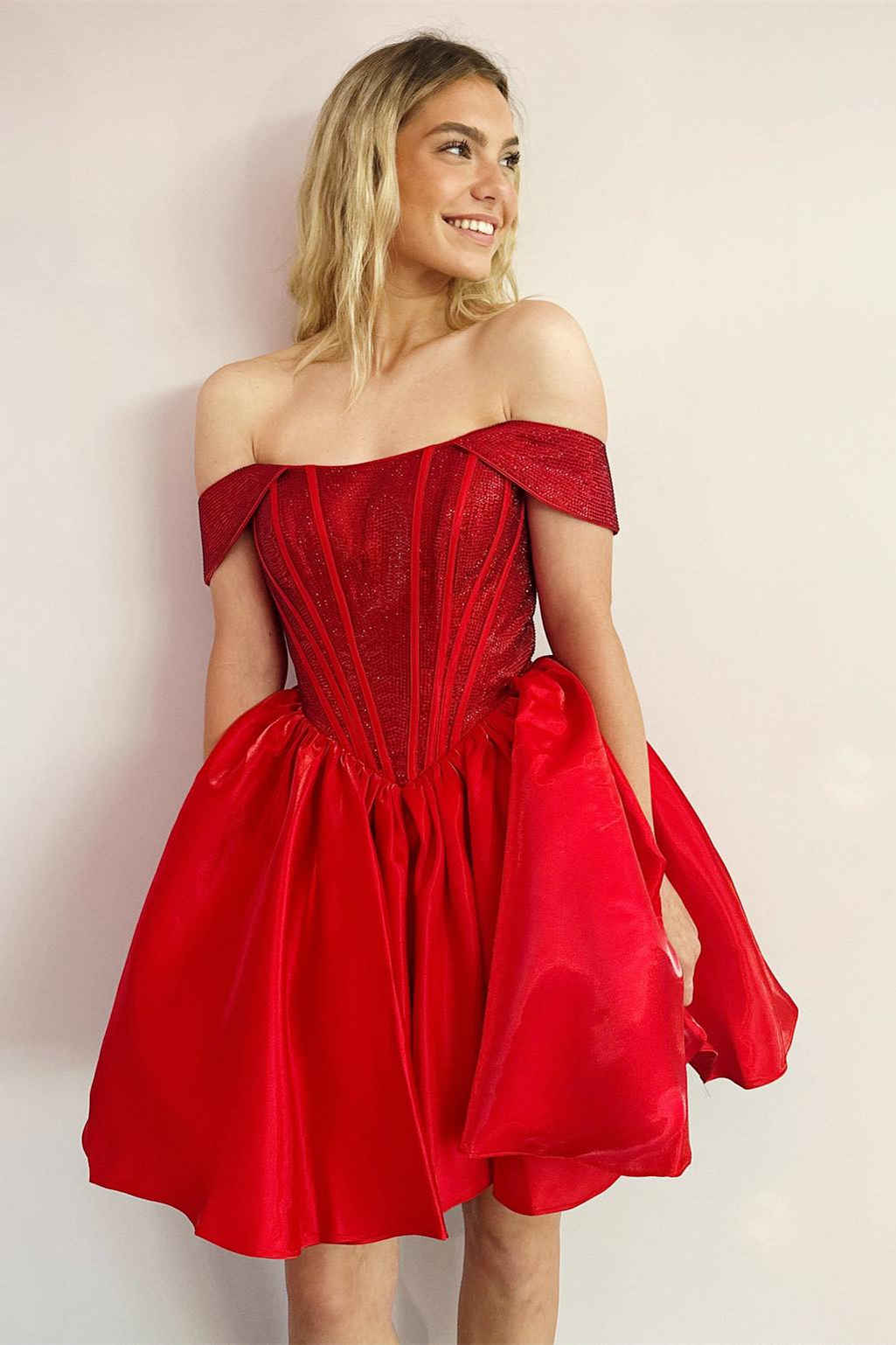 Cute Off the Shoulder Red Beaded A-Line Party Dress