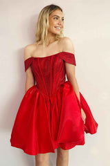 Cute Off the Shoulder Red Beaded A-Line Party Dress