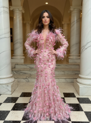 Pink Long Sleeves Mermaid Evening Formal Dresses with Feather