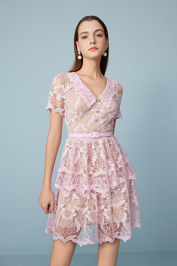 Babyonlines Cute Pink Short Sleeves V-neck Short Dresses