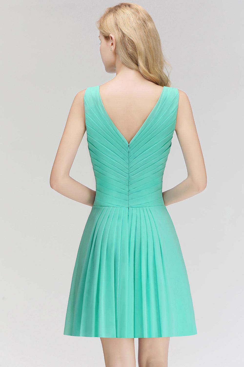 Cute V-Neck Sleeveless Short Chiffon Affordable Bridesmaid Dresswith Ruffle-Babyonlines
