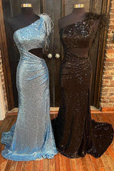 Cutout Light Blue One Shoulder Feathers Long Prom Dress