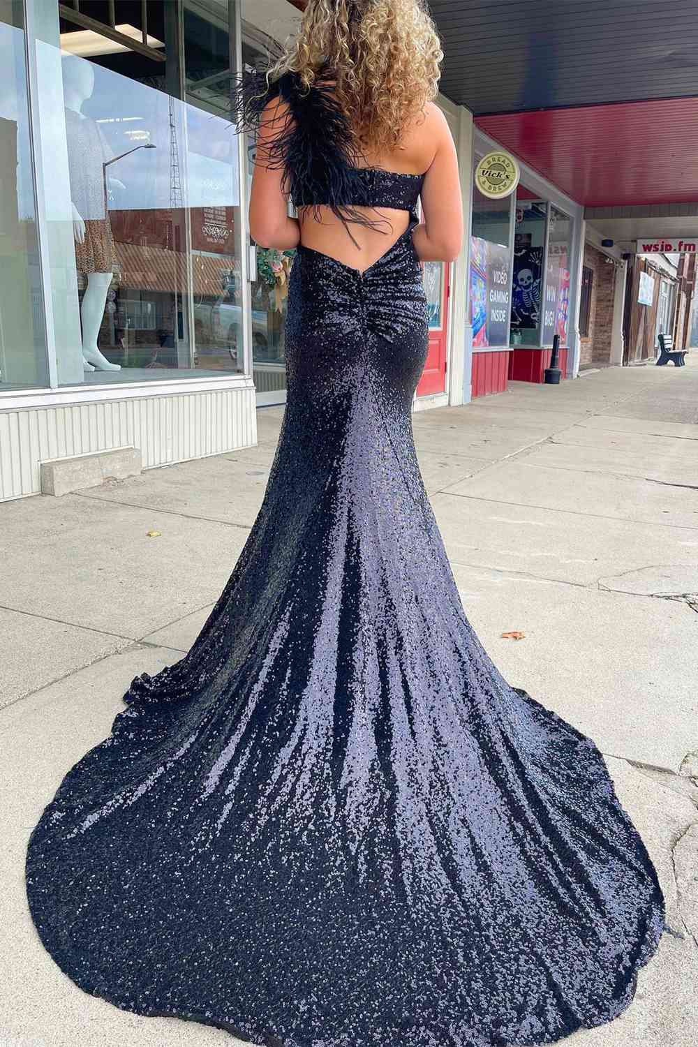 Cutout Light Blue One Shoulder Feathers Long Prom Dress
