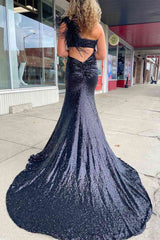 Cutout Light Blue One Shoulder Feathers Long Prom Dress